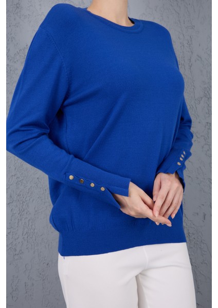 Kadın Saks Mavisi Çıtçıtlı Kollu Bisiklet Yaka Triko Bluz fırsatları