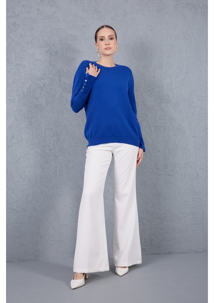Kadın Saks Mavisi Çıtçıtlı Kollu Bisiklet Yaka Triko Bluz indirimleri