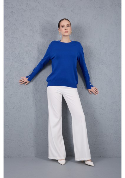 Kadın Saks Mavisi Çıtçıtlı Kollu Bisiklet Yaka Triko Bluz