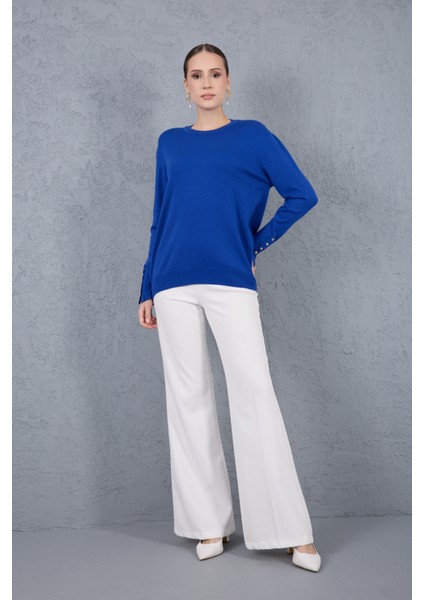 Kadın Saks Mavisi Çıtçıtlı Kollu Bisiklet Yaka Triko Bluz