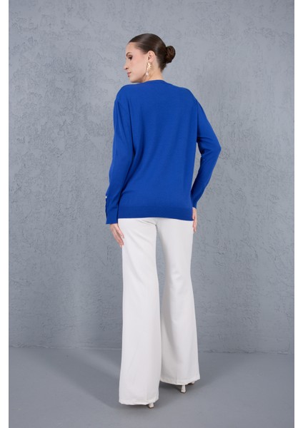 Kadın Saks Mavisi Çıtçıtlı Kollu Bisiklet Yaka Triko Bluz