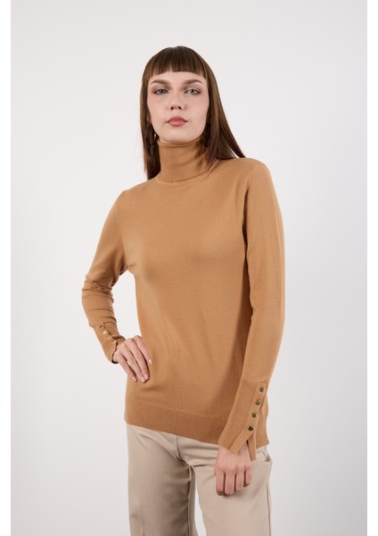 Kadın Bej Çıtçıtlı Kollu Balıkçı Yaka Triko Bluz