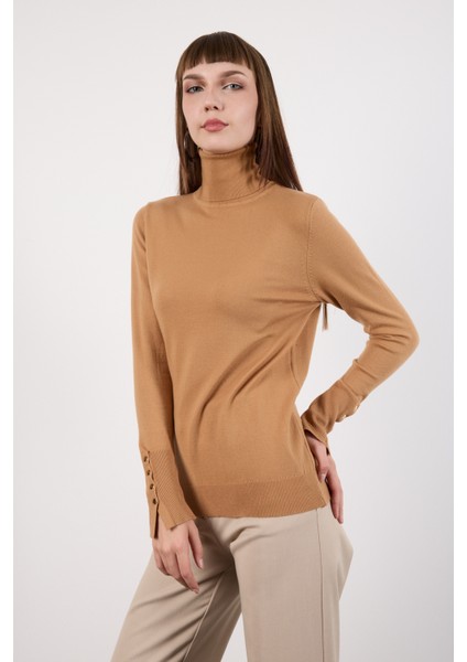Kadın Bej Çıtçıtlı Kollu Balıkçı Yaka Triko Bluz modelleri