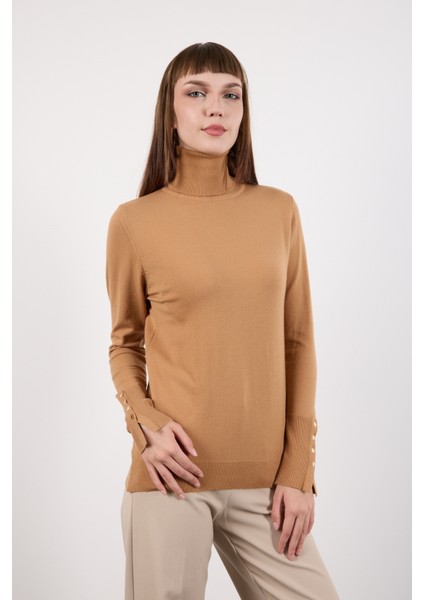 Kadın Bej Çıtçıtlı Kollu Balıkçı Yaka Triko Bluz fırsatları