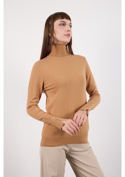 Kadın Bej Çıtçıtlı Kollu Balıkçı Yaka Triko Bluz indirimleri