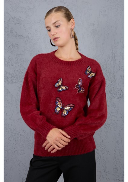 Kadın Bordo Sakal Iplik Önü Boncuk Nakışlı Balon Kollu Bisiklet Yaka Triko Kazak