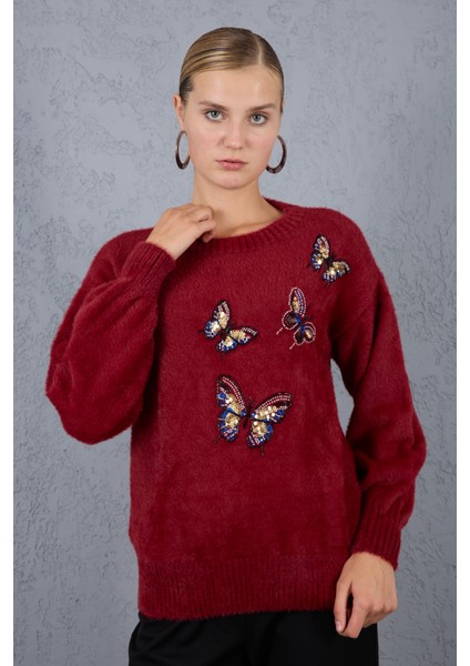 Kadın Bordo Sakal Iplik Önü Boncuk Nakışlı Balon Kollu Bisiklet Yaka Triko Kazak fiyatları