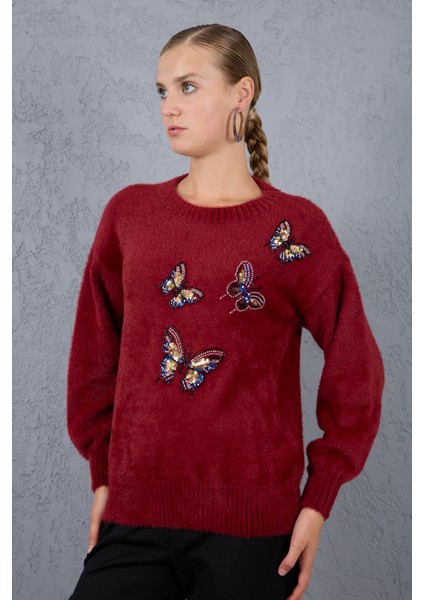 Kadın Bordo Sakal Iplik Önü Boncuk Nakışlı Balon Kollu Bisiklet Yaka Triko Kazak modelleri