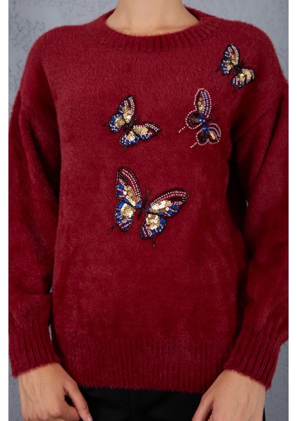 Kadın Bordo Sakal Iplik Önü Boncuk Nakışlı Balon Kollu Bisiklet Yaka Triko Kazak fırsatları