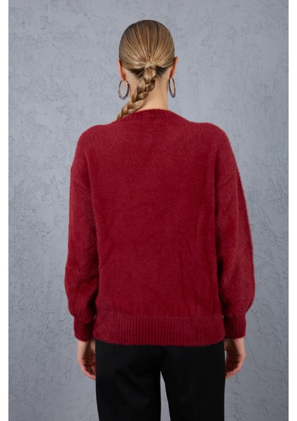 Kadın Bordo Sakal Iplik Önü Boncuk Nakışlı Balon Kollu Bisiklet Yaka Triko Kazak indirimleri