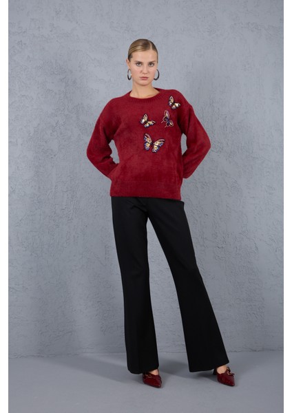 Kadın Bordo Sakal Iplik Önü Boncuk Nakışlı Balon Kollu Bisiklet Yaka Triko Kazak