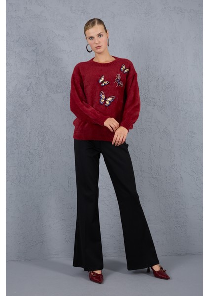 Kadın Bordo Sakal Iplik Önü Boncuk Nakışlı Balon Kollu Bisiklet Yaka Triko Kazak