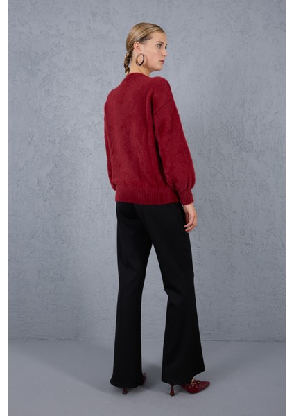 Kadın Bordo Sakal Iplik Önü Boncuk Nakışlı Balon Kollu Bisiklet Yaka Triko Kazak