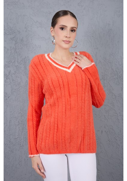 Kadın Turuncu Sakal Iplik Kontrast Biyeli V Yaka Triko Kazak fiyatları