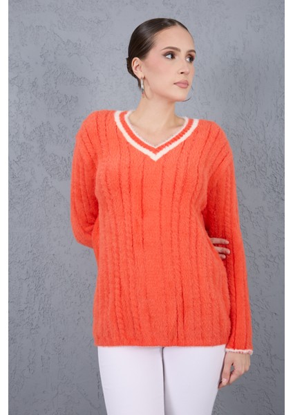 Kadın Turuncu Sakal Iplik Kontrast Biyeli V Yaka Triko Kazak modelleri