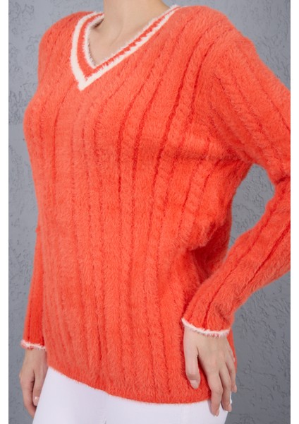 Kadın Turuncu Sakal Iplik Kontrast Biyeli V Yaka Triko Kazak indirimleri