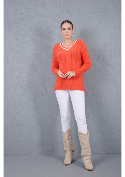 Kadın Turuncu Sakal Iplik Kontrast Biyeli V Yaka Triko Kazak