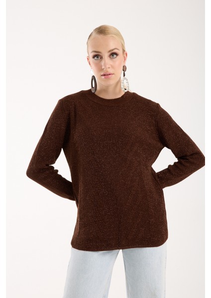 Kadın Acı Kahve Selanik Örgü Bisiklet Yaka Simli Triko Kazak