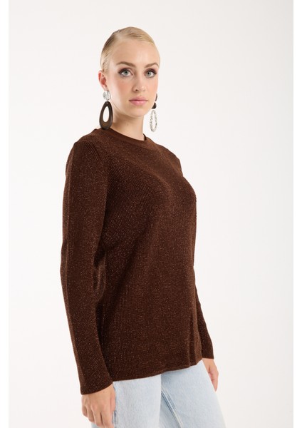 Kadın Acı Kahve Selanik Örgü Bisiklet Yaka Simli Triko Kazak fiyatları