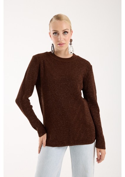 Kadın Acı Kahve Selanik Örgü Bisiklet Yaka Simli Triko Kazak fırsatları