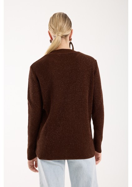 Kadın Acı Kahve Selanik Örgü Bisiklet Yaka Simli Triko Kazak indirimleri