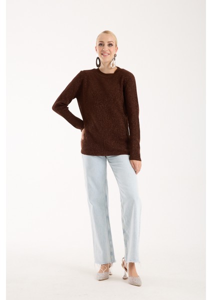 Kadın Acı Kahve Selanik Örgü Bisiklet Yaka Simli Triko Kazak