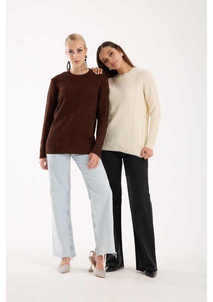 Kadın Acı Kahve Selanik Örgü Bisiklet Yaka Simli Triko Kazak