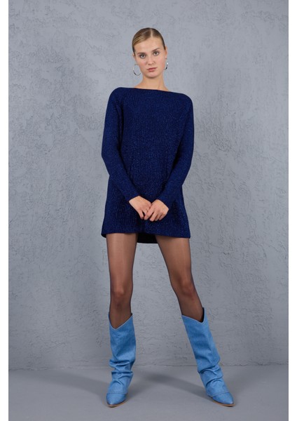 Kadın Koyu Laci Reglan Kollu Kayık Yaka Simli Triko Kazak