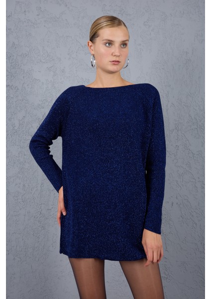 Kadın Koyu Laci Reglan Kollu Kayık Yaka Simli Triko Kazak fiyatları