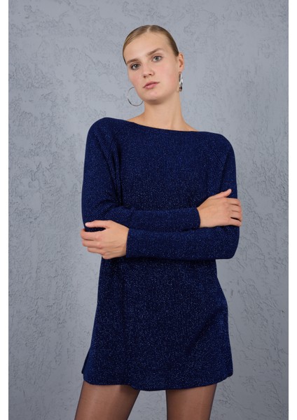 Kadın Koyu Laci Reglan Kollu Kayık Yaka Simli Triko Kazak modelleri