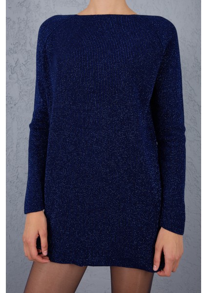 Kadın Koyu Laci Reglan Kollu Kayık Yaka Simli Triko Kazak fırsatları