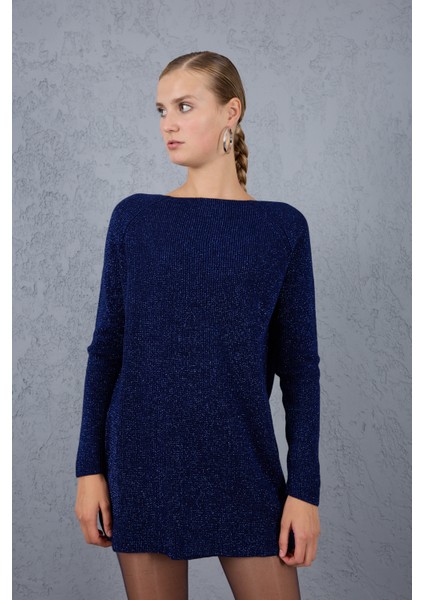 Kadın Koyu Laci Reglan Kollu Kayık Yaka Simli Triko Kazak indirimleri