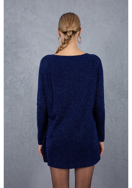 Kadın Koyu Laci Reglan Kollu Kayık Yaka Simli Triko Kazak