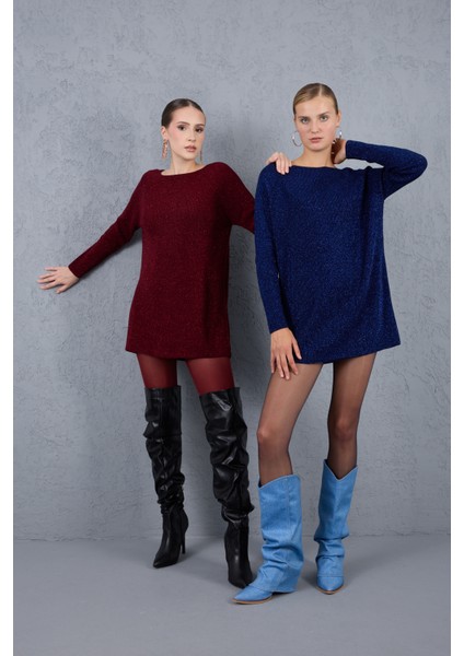 Kadın Koyu Laci Reglan Kollu Kayık Yaka Simli Triko Kazak