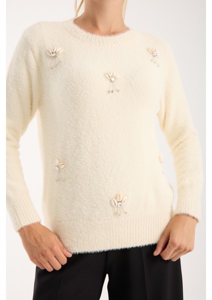 Kadın Ekru Sakal Iplik Önü Aksesuarlı Bisiklet Yaka Triko Kazak fırsatları