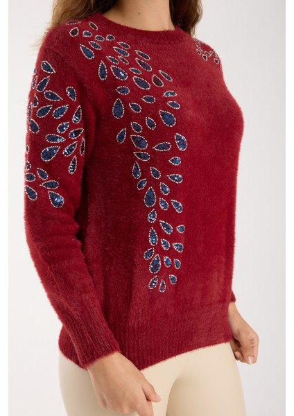 Kadın Bordo Sakal Iplik Boncuk Nakışlı Bisiklet Yaka Triko Bluz modelleri