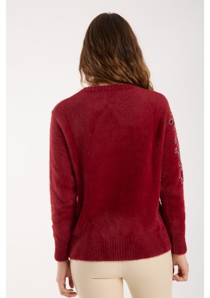 Kadın Bordo Sakal Iplik Boncuk Nakışlı Bisiklet Yaka Triko Bluz indirimleri