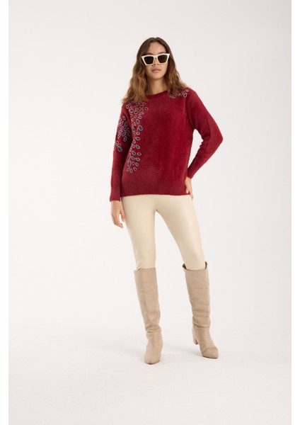 Kadın Bordo Sakal Iplik Boncuk Nakışlı Bisiklet Yaka Triko Bluz