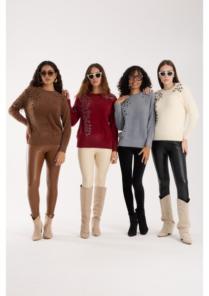 Kadın Bordo Sakal Iplik Boncuk Nakışlı Bisiklet Yaka Triko Bluz