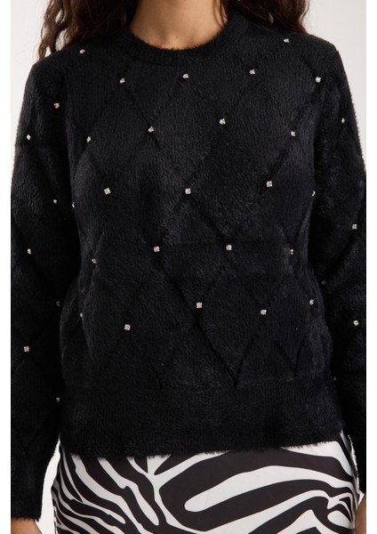 Kadın Siyah Sakal Iplik Taş Detaylı Bisiklet Yaka Triko Kazak modelleri