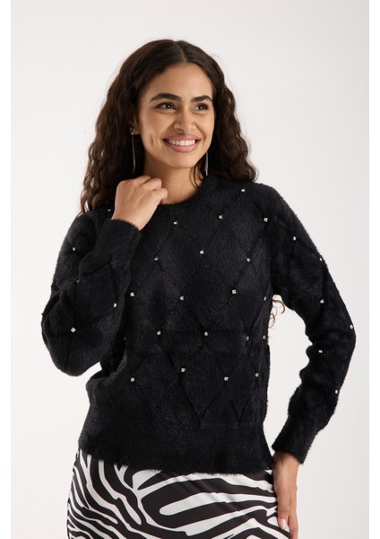 Kadın Siyah Sakal Iplik Taş Detaylı Bisiklet Yaka Triko Kazak fırsatları