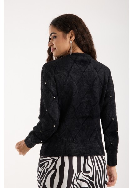 Kadın Siyah Sakal Iplik Taş Detaylı Bisiklet Yaka Triko Kazak indirimleri
