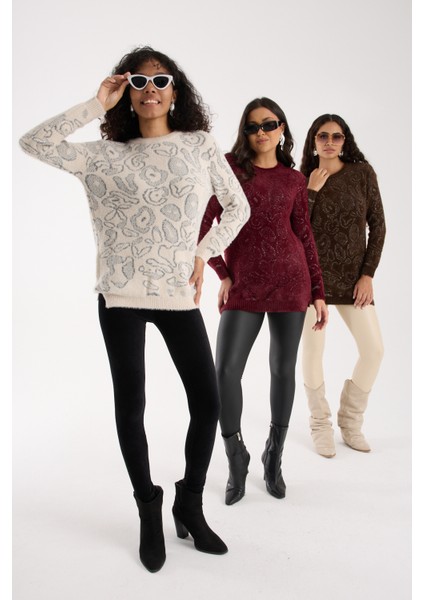 Kadın Ekru Simli Sakal Iplik Yan Yırtmaçlı Bisiklet Yaka Triko Kazak