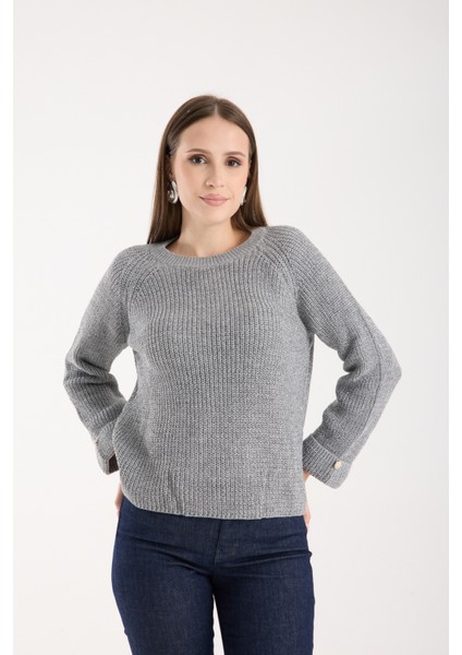 Kadın Gri Reglan Kol ve Tek Düğmeli Manşetler Bisiklet Yaka Simli Triko Kazak fiyatları