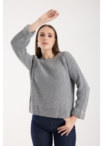 Kadın Gri Reglan Kol ve Tek Düğmeli Manşetler Bisiklet Yaka Simli Triko Kazak modelleri