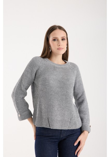 Kadın Gri Reglan Kol ve Tek Düğmeli Manşetler Bisiklet Yaka Simli Triko Kazak indirimleri