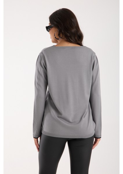 Kadın Gri Elit Viskon Kumaş Kontrast Sim Biyeli V Yaka Triko Bluz