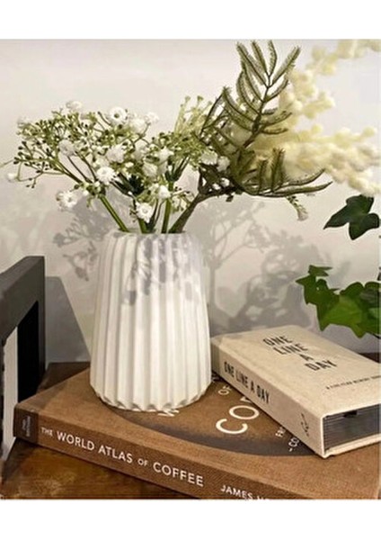 Bohem Tarz Büyük Boy Vazo, Iskandinav Tarz Oluklu Şerit Beyaz Dekoratif Vazo, Çizgili Vazo
