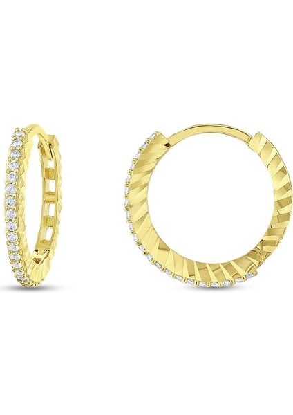 Taşlı Altın Halka Küpe - 14K