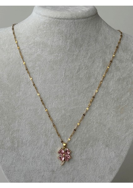 Pembe Yonca Yapraklı Gold Kolye